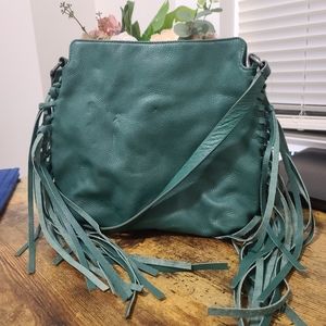 Leather fringe crossbody, Teal